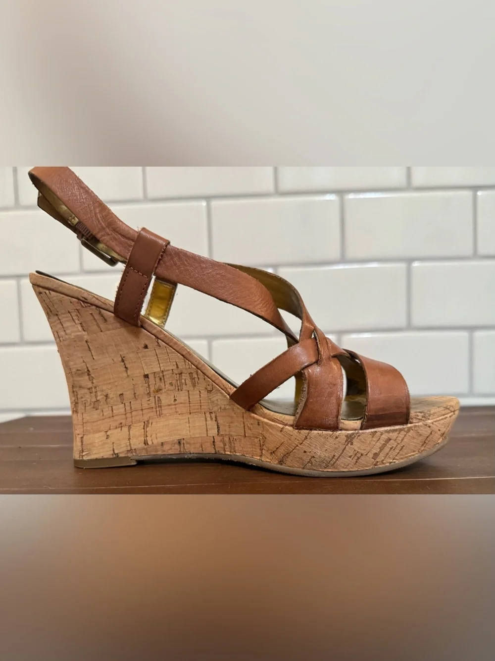 GUESS Brown Leather Crisscross Wedge Sandals